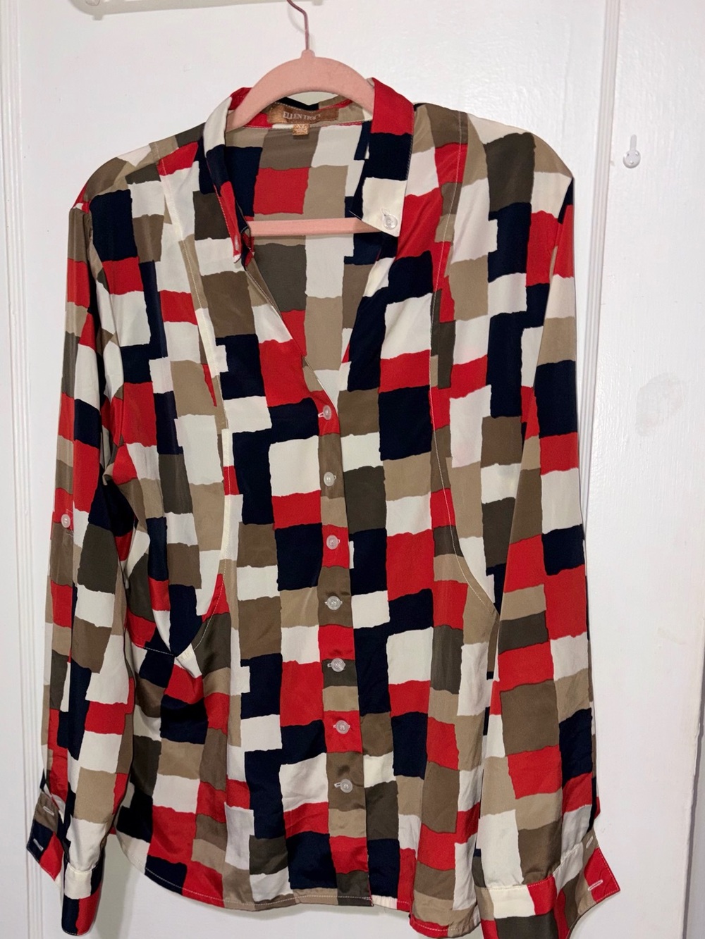 Ellen Tracy Colorblock Blouse in Red, Navy, Beige & Cream